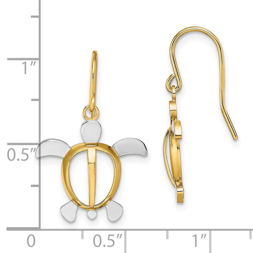 14K and White Rhodium Sea Turtle Dangle French Hook Earrings
