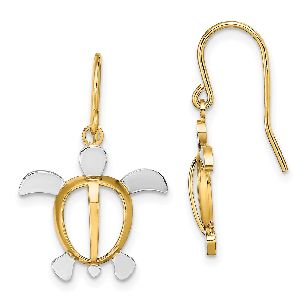 14K and White Rhodium Sea Turtle Dangle French Hook Earrings