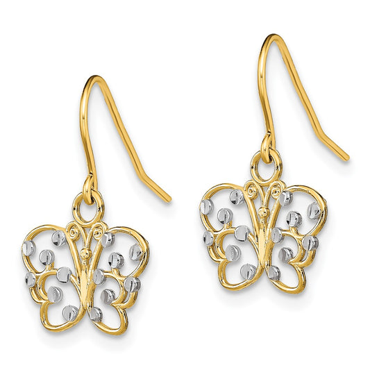 14K and White Rhodium Diamond-cut Filigree Butterfly French Hook Earrings