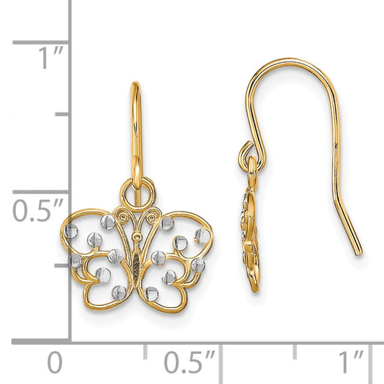 14K and White Rhodium Diamond-cut Filigree Butterfly French Hook Earrings