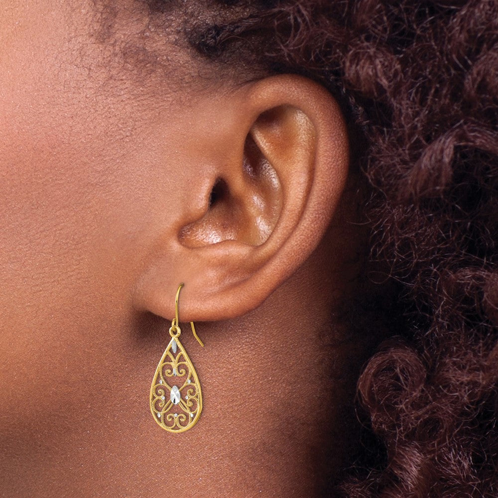 14K and White Rhodium Diamond-cut Filigree Teardrop Dangle French Hook Earrings