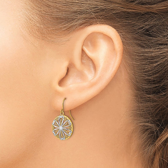 14K and White Rhodium Filigree Medallion Dangle French Hook Earrings