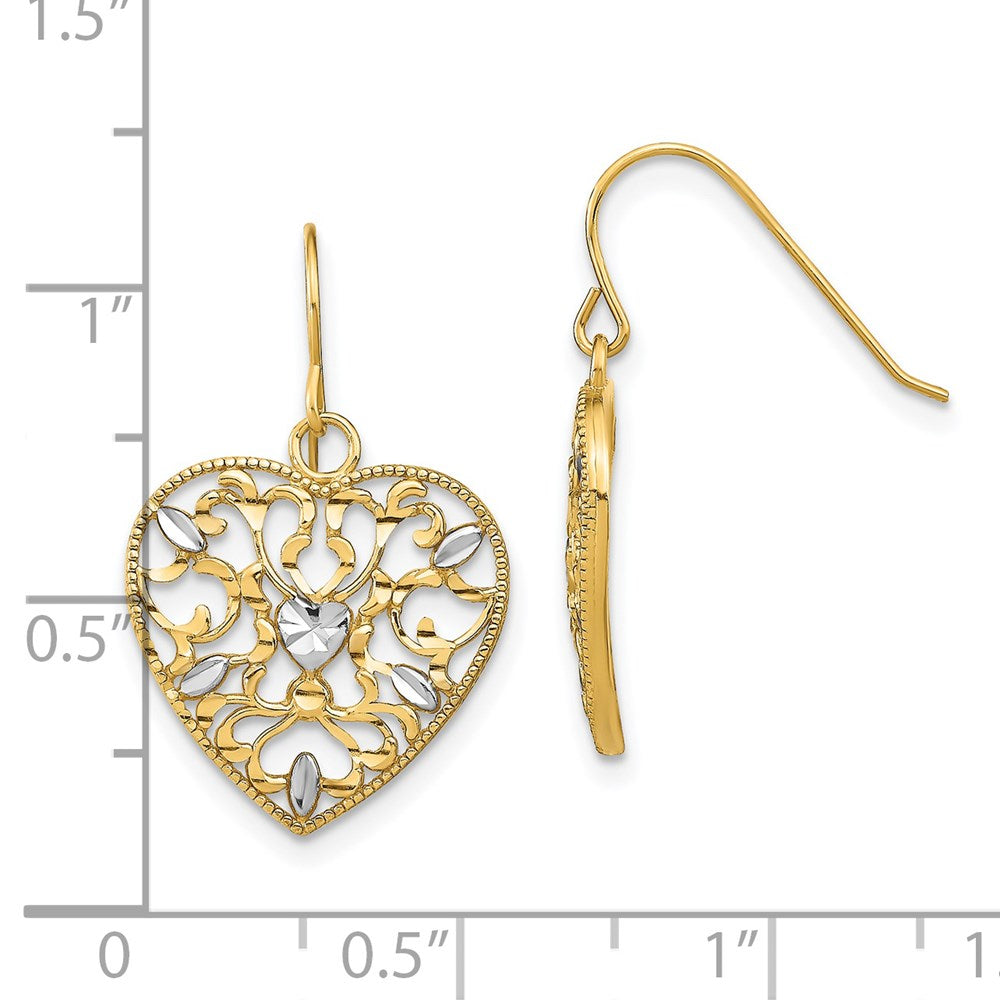 14k and White Rhodium Filigree Cut-Out Heart French Hook Earrings