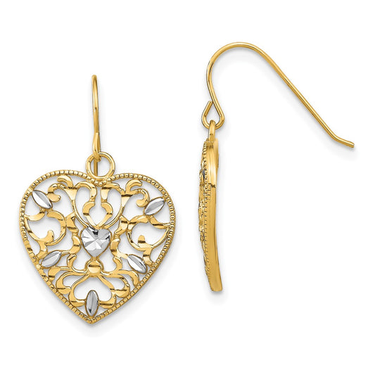 14k and White Rhodium Filigree Cut-Out Heart French Hook Earrings