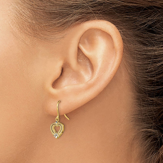 14K and White Rhodium Polished Heart Dangle French Hook Earrings