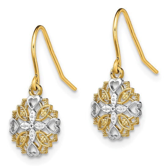14K and White Rhodium Heart Filigree Dangle Wire Earrings