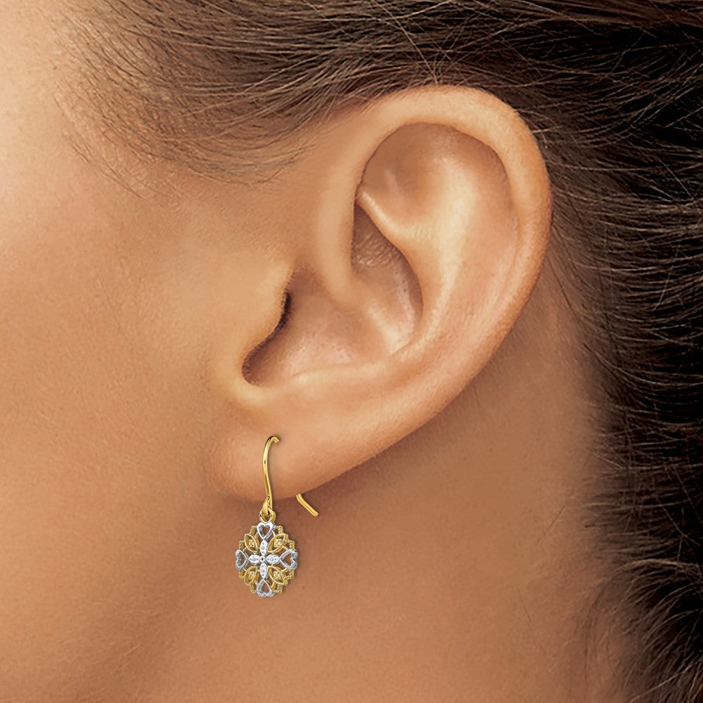 14K and White Rhodium Heart Filigree Dangle Wire Earrings