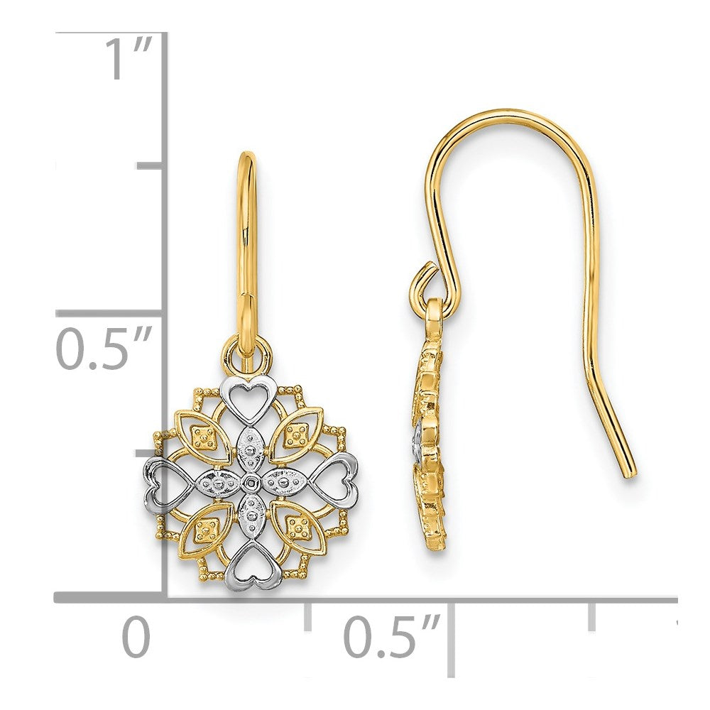 14K and White Rhodium Heart Filigree Dangle Wire Earrings