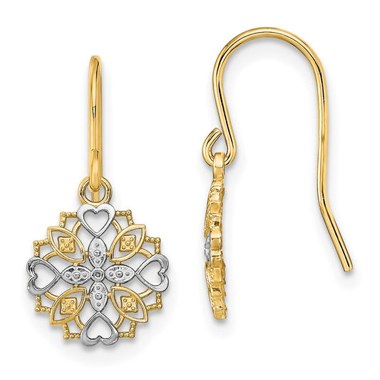 14K and White Rhodium Heart Filigree Dangle Wire Earrings
