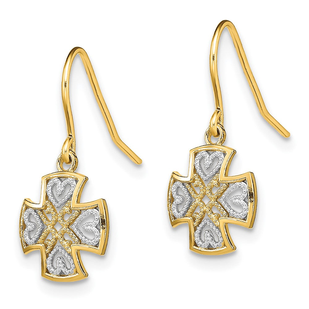 14K and White Rhodium Fancy Cross with Heart Dangle French Hook Earrings