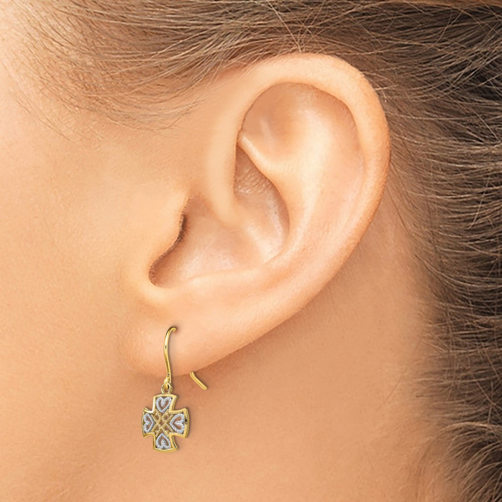 14K and White Rhodium Fancy Cross with Heart Dangle French Hook Earrings