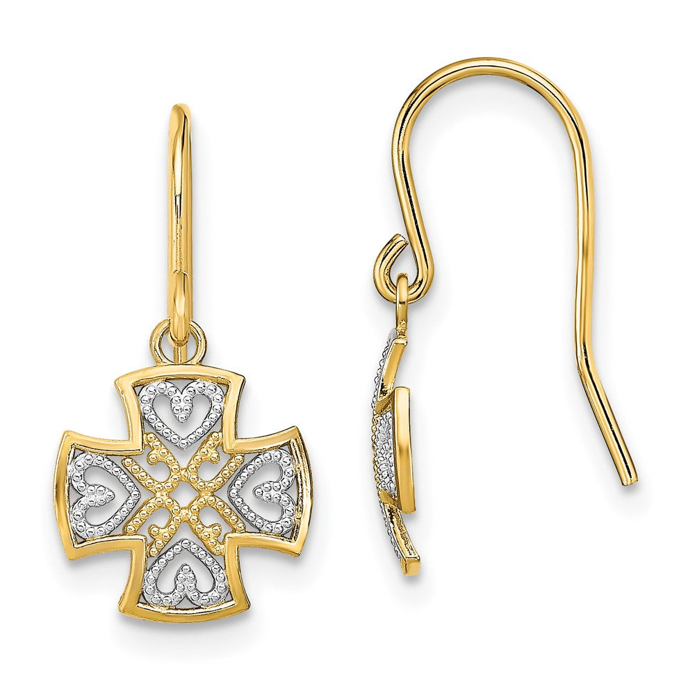 14K and White Rhodium Fancy Cross with Heart Dangle French Hook Earrings