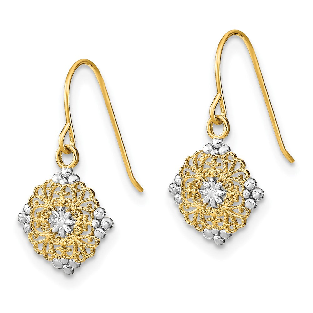 14K and White Rhodium Square Filigree Medallion Dangle French Hook Earrings