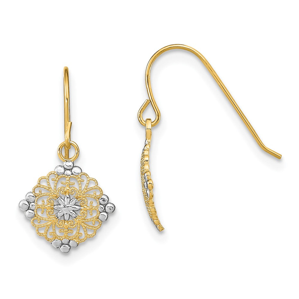 14K and White Rhodium Square Filigree Medallion Dangle French Hook Earrings