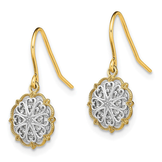 14K and White Rhodium Fancy Medallion Dangle French Hook Earrings