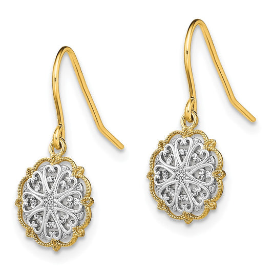 14K and White Rhodium Fancy Medallion Dangle French Hook Earrings