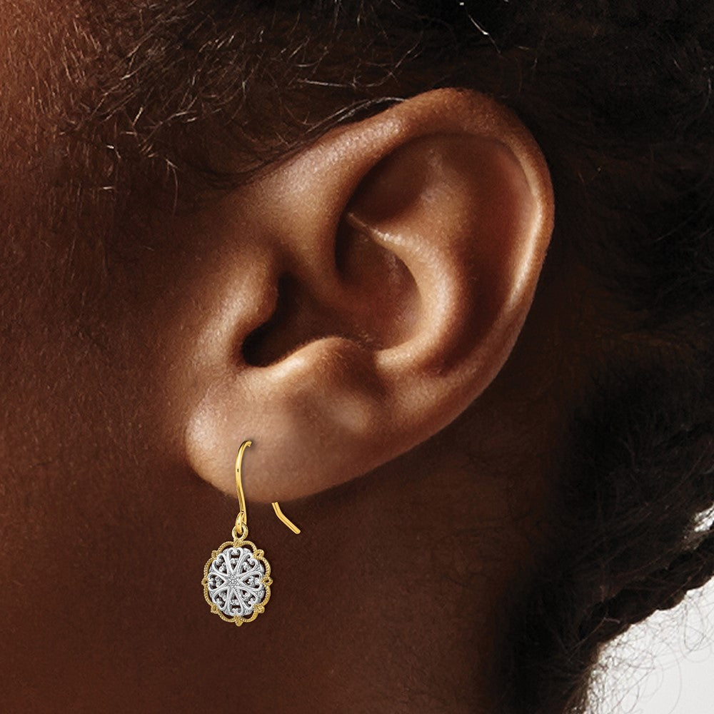 14K and White Rhodium Fancy Medallion Dangle French Hook Earrings