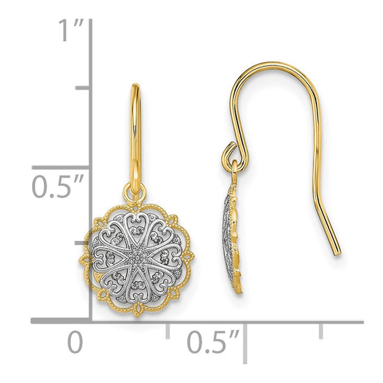 14K and White Rhodium Fancy Medallion Dangle French Hook Earrings