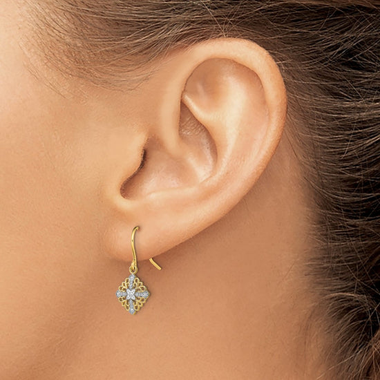 14K and White Rhodium Fancy Square Filigree Dangle French Hook Earrings