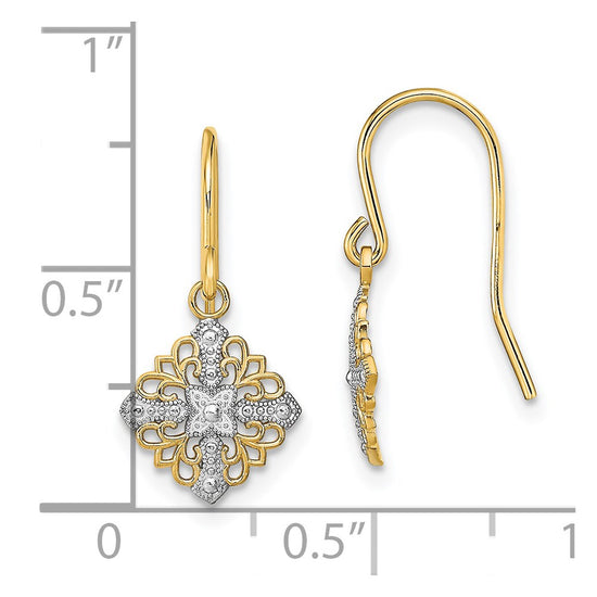 14K and White Rhodium Fancy Square Filigree Dangle French Hook Earrings
