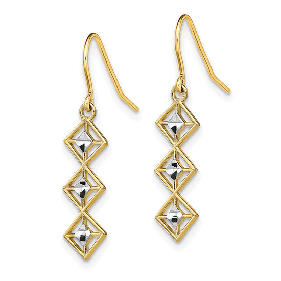 14K and White Rhodium Fancy Diamond-cut Dangle French Hook Earrings