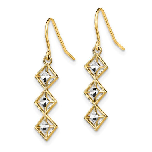 14K and White Rhodium Fancy Diamond-cut Dangle French Hook Earrings