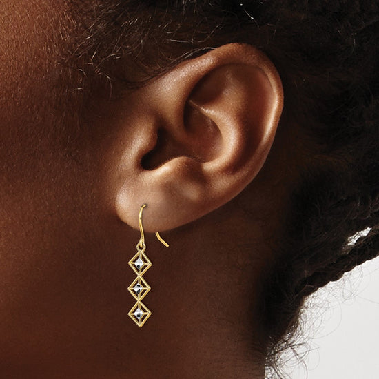 14K and White Rhodium Fancy Diamond-cut Dangle French Hook Earrings