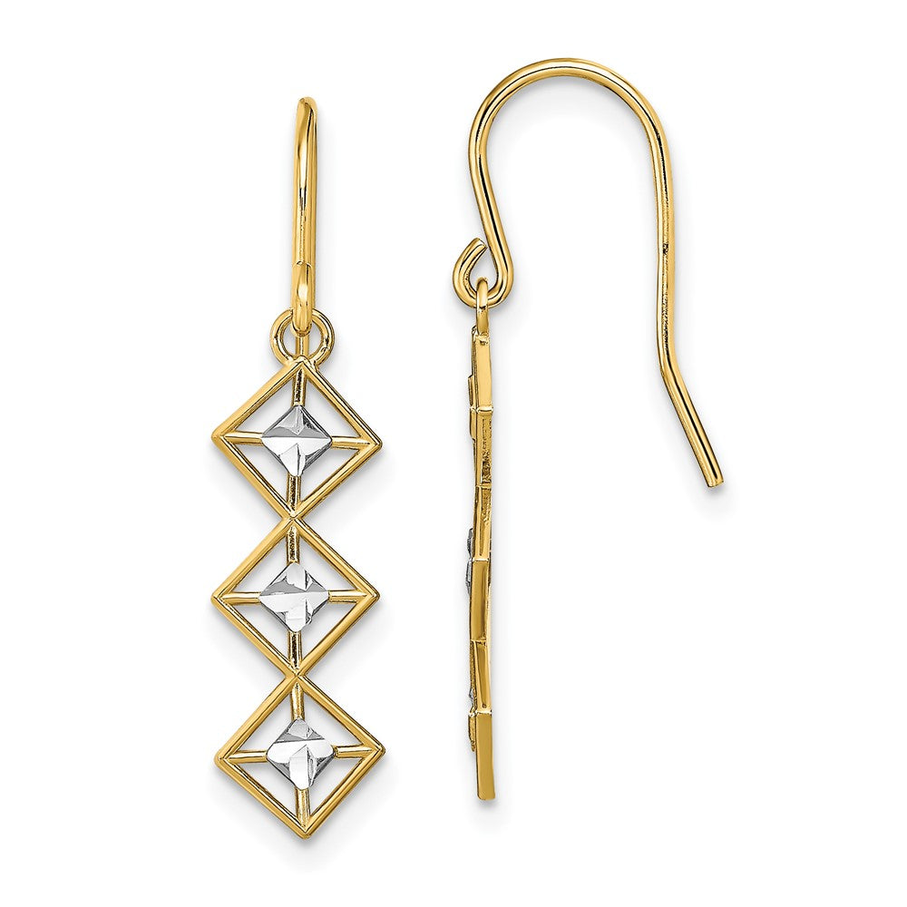 14K and White Rhodium Fancy Diamond-cut Dangle French Hook Earrings