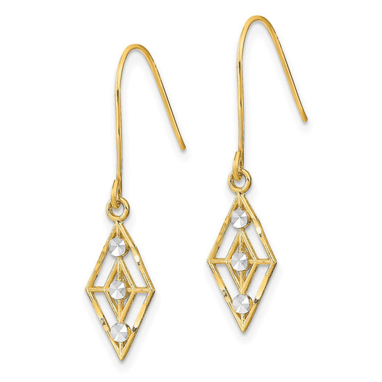 14K and White Rhodium Diamond-cut Diamond-Shape Dangle French Hook Earrings