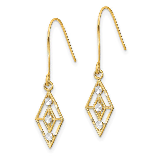 14K and White Rhodium Diamond-cut Diamond-Shape Dangle French Hook Earrings