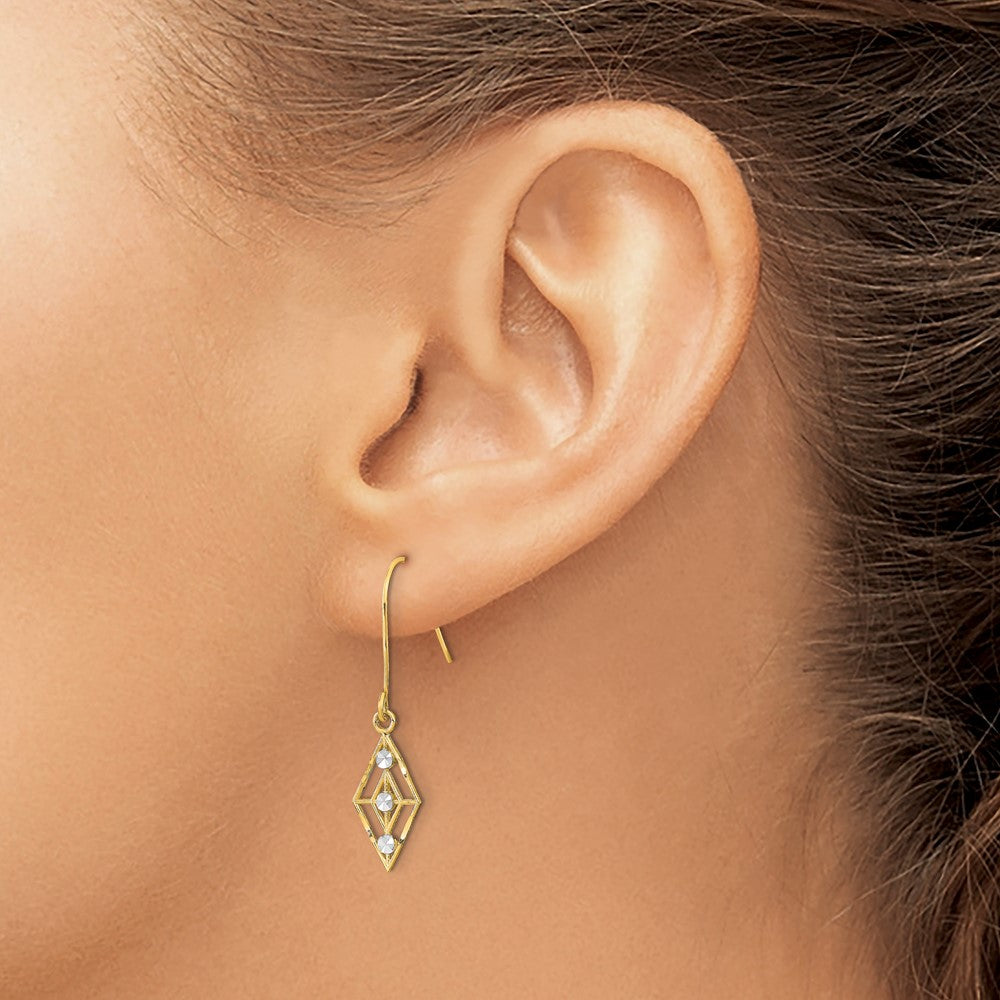 14K and White Rhodium Diamond-cut Diamond-Shape Dangle French Hook Earrings