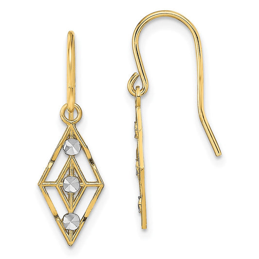 14K and White Rhodium Diamond-cut Diamond-Shape Dangle French Hook Earrings