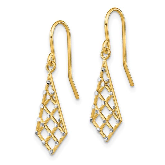 14K and White Rhodium Diamond-cut Criss-Cross Dangle French Hook Earrings