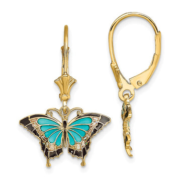 14K with Aqua and Black Enameled Wings Butterfly Dangle Leverback Earrings