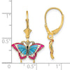 14k with Blue and Red Enameled Wings Butterfly Dangle Leverback Earrings