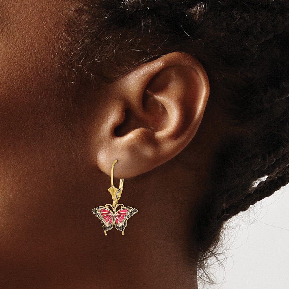 14K with Pink and Black Enameled Wings Butterfly Dangle Leverback Earrings