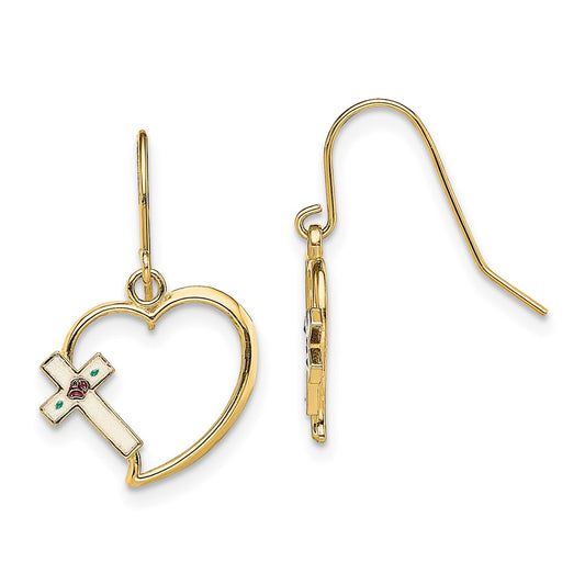 14K White and Multi-color Enamel Floral Cross on Heart French Hook Earrings