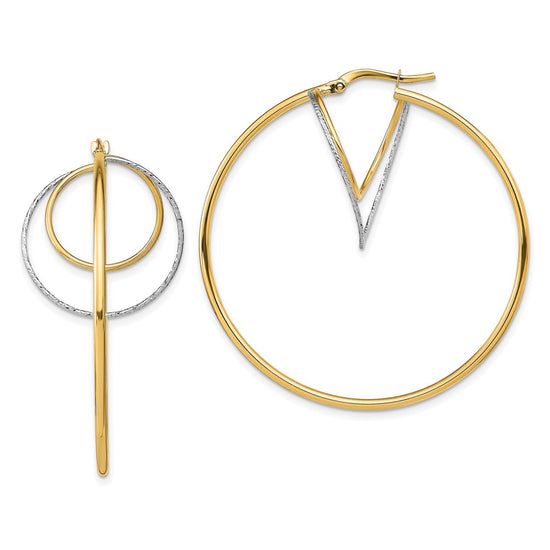 14k w/ White Rhodium Diamond-cut Twisted Circles Inside Hoop Earrings