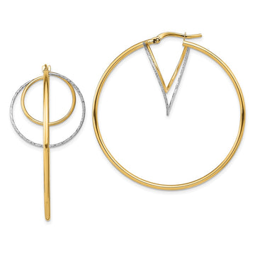 14k w/ White Rhodium Diamond-cut Twisted Circles Inside Hoop Earrings