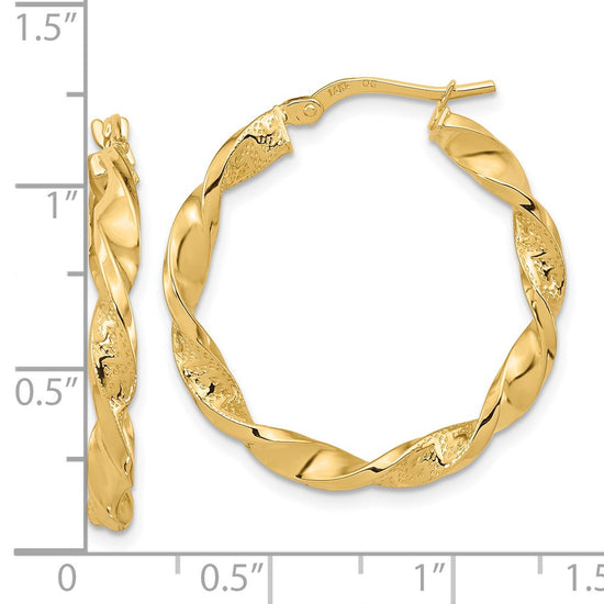 14k Polished and Textured Twisted Hoop Earrings