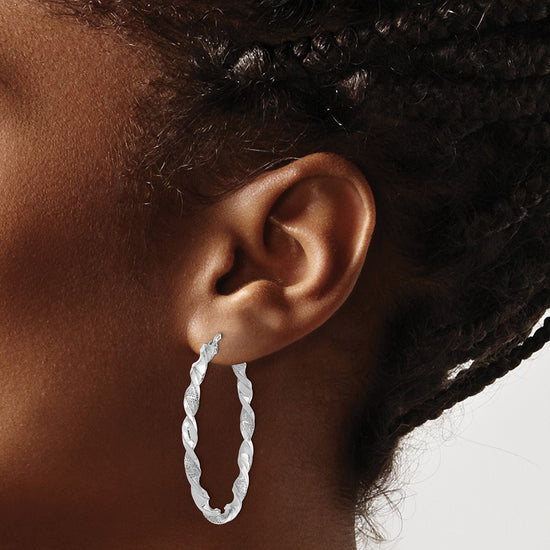 14k White Gold Polished and Textured Twisted Hoop Earrings