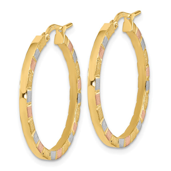 14k with White and Rose Rhodium 2x26mm Polished and Satin Tube Hoop Earrings
