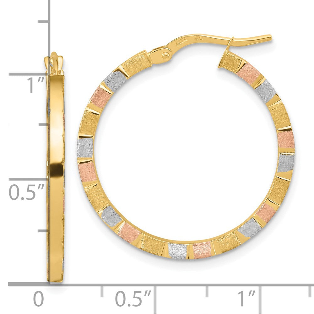 14k with White and Rose Rhodium 2x26mm Polished and Satin Tube Hoop Earrings