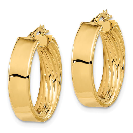 14K 5.5x22mm Polished and Textured Inside Tube Hoop Earrings
