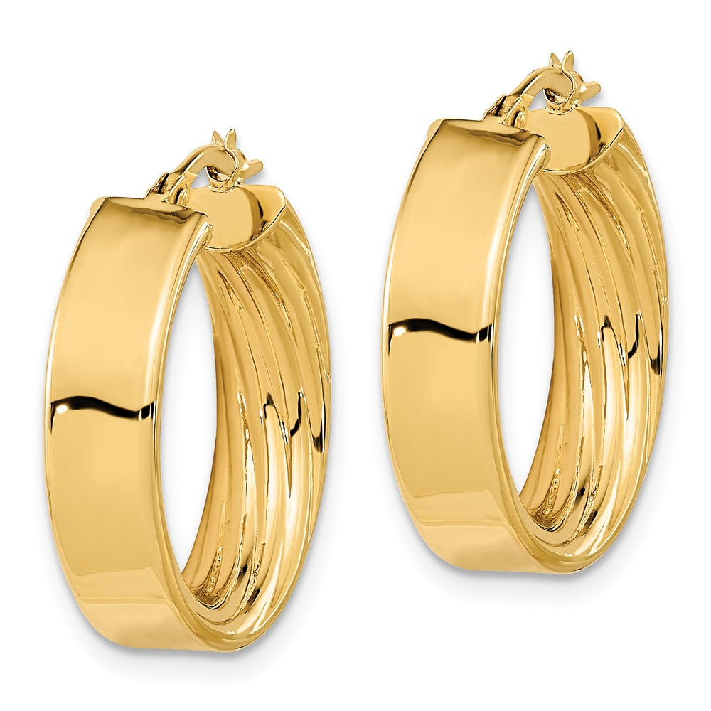 14K 5.5x22mm Polished and Textured Inside Tube Hoop Earrings