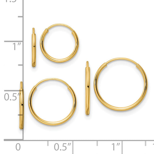 14k Polished 3-pair 1x14/12/10mm Endless Tube Hoop Earring Set