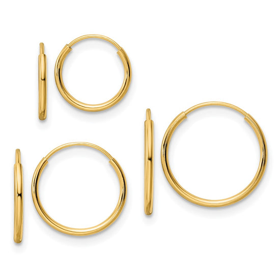 14k Polished 3-pair 1x14/12/10mm Endless Tube Hoop Earring Set