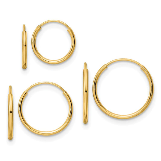 14k Polished 3-pair 1x14/12/10mm Endless Tube Hoop Earring Set