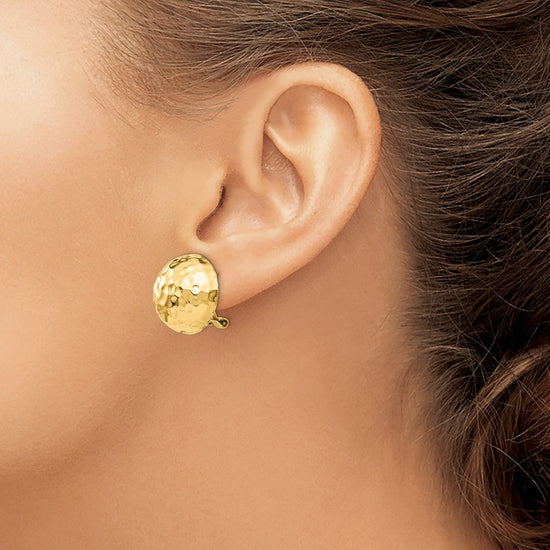 Gold Hammered Button Omega Back Earrings