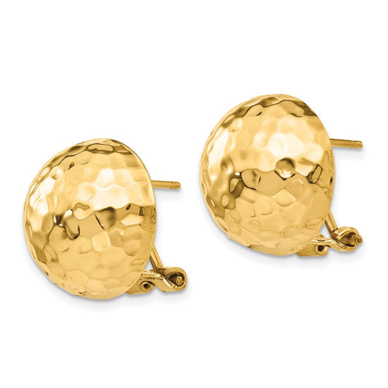 Gold Hammered Button Omega Back Earrings